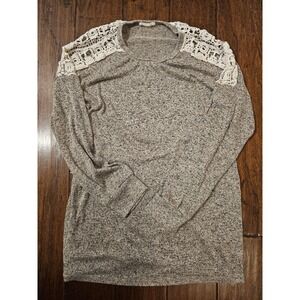 Womens Marled Knit Long Sleeve Top Cream Crochet Lace Boho Chic Bohemian Medium